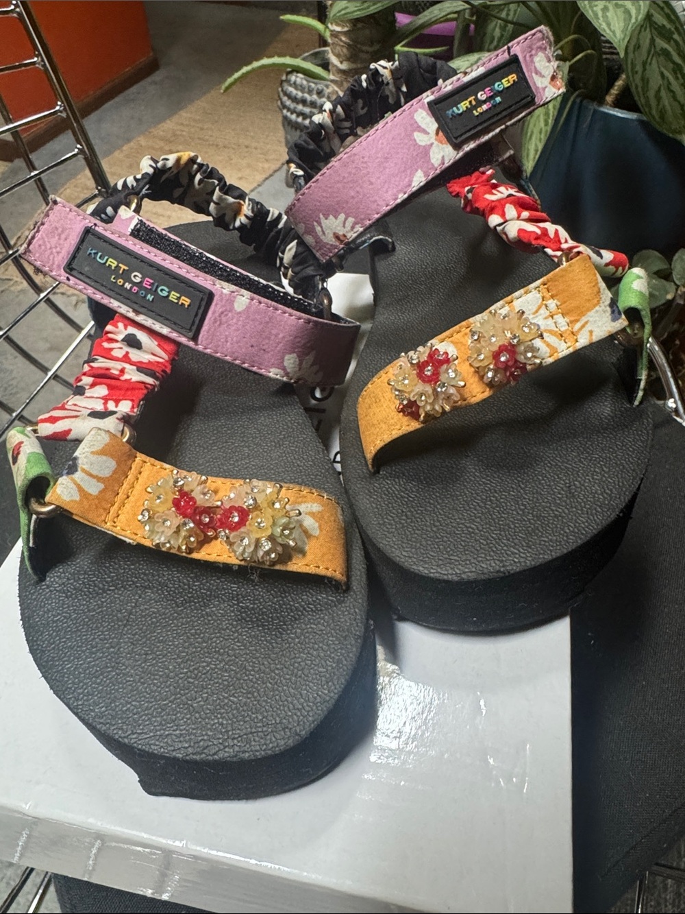Kurt Geiger Floral Multicolor Platform Sandals with Beaded Detail